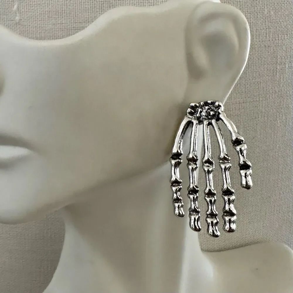 Silver tone Skeleton Hand Earrings